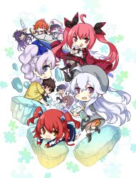 Rule 34 | 3boys, 6+girls, absurdres, ahoge, arm up, armor, armored dress, bow, candy, character request, chibi, cross scar, crossover, date a live, debris, dress, ende (fantasia re:build), fantasia re:build, floating, food, full metal panic!, glenn radars, hair between eyes, hair ribbon, hat, highres, holding, holding sword, holding weapon, itsuka kotori, jigsaw puzzle, lina inverse, lollipop, long hair, looking at viewer, multiple boys, multiple girls, necktie, official art, open mouth, orange hair, pants, peaked cap, purple eyes, purple hair, puzzle, red eyes, red hair, ribbon, rokudenashi majutsu koushi to akashic record, sagara sousuke, scar, scar on face, shirt, skirt, slayers, smile, sword, teletha testarossa, third-party source, tongue, tongue out, twintails, weapon, white hair, yatogami tohka