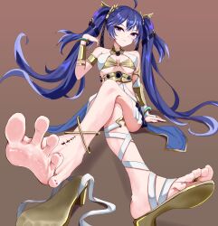 1girl barefoot blue_eyes blue_hair crossed_legs feet highres iberiko_(soinesitai) iuno_(wuthering_waves) long_hair looking_at_viewer sandals shoes soles toes twintails unworn_sandals unworn_shoes wuthering_waves
