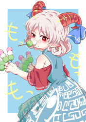 Rule 34 | 1girl, bare shoulders, blue bow, blue dress, border, bow, chinese clothes, dango, detached sleeves, dress, earrings, eating, food, from behind, goat horns, hoop earrings, horns, jewelry, kimi3735, looking back, medium hair, pointy ears, puffy cheeks, red eyes, red horns, simple background, sleeveless, sleeveless dress, solo, touhou, toutetsu yuuma, upper body, wagashi, white border, white hair