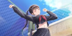 1girl arms_up azumi_nanaka black_hair black_serafuku black_shirt black_skirt blue_reflection_(series) blue_reflection_sun blue_sky breasts chain-link_fence closed_eyes closed_mouth cloud crop_top crop_top_overhang day fence from_below game_cg gradient_hair green_hair highres kishida_mel large_breasts lens_flare long_hair long_sleeves midriff multicolored_hair navel non-web_source official_art school_uniform serafuku shirt sidelocks skirt sky solo stretching swept_bangs twintails very_long_hair