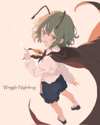 1girl antennae arm_at_side black_cape black_shorts cape character_name corrupted_twitter_file double-parted_bangs facing_viewer from_behind full_body green_eyes green_hair hair_between_eyes highres index_finger_raised iris-san light_blush long_sleeves looking_at_viewer mary_janes open_mouth pointing shirt shirt_tucked_in shoes short_hair shorts simple_background smile socks solo standing touhou white_shirt white_socks wriggle_nightbug