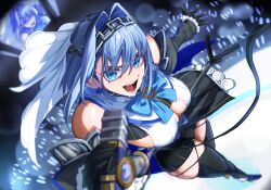 1girl absurdres black_gloves black_sleeves black_thighhighs blue_bow blue_eyes blue_hair bow bow_earrings breasts chain chain_headband detached_sleeves earrings gloves highres holding_microwave hololive hololive_english jewelry koizumi_arata large_breasts looking_at_viewer microphone_stand open_mouth ouro_kronii ouro_kronii_(1st_costume) shirt solo thighhighs veil virtual_youtuber white_shirt