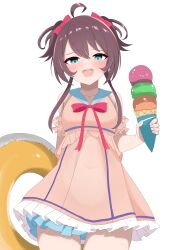 1girl :d absurdres ahoge blue_sailor_collar covered_navel cowboy_shot food from_below highres holding holding_ice_cream_cone holding_swim_ring hololive holonatsu_paradise ice_cream_cone innertube natsuiro_matsuri natsuiro_matsuri_(holonatsu_paradise) open_mouth sailor_collar short_twintails simple_background smile swim_ring twintails white_background yosususususu
