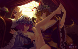 Rule 34 | 2016, 4girls, adapted costume, alternate costume, animal ears, anyi, artist name, backlighting, bare shoulders, bare tree, barefoot, between legs, blonde hair, bow, breasts, brown hair, cat ears, chen, cleavage, coat, couch, covering another&#039;s eyes, curtains, dated, day, dutch angle, earrings, feet, flower, holding with feet, fox ears, fox tail, frilled kimono, frilled sleeves, frills, fur trim, hair between eyes, hair bow, hands on feet, hat, hat flower, hat ribbon, highres, holding another&#039;s foot, indoors, jacket, japanese clothes, jewelry, kimono, koumajou densetsu, koumajou densetsu 2, legs, legs up, licking, licking leg, lily (flower), long hair, long sleeves, looking at another, looking at viewer, looking up, medium breasts, mob cap, multiple girls, multiple tails, no headwear, obi, off shoulder, one eye closed, open mouth, parted lips, peeking, pink eyes, purple eyes, purple hair, red jacket, ribbon, ribbon-trimmed sleeves, ribbon trim, saigyouji yuyuko, sash, short hair, short kimono, sunlight, tail, thighs, toes, touhou, tree, triangular headpiece, veil, very long hair, white coat, wide sleeves, yakumo ran, yakumo yukari, yellow eyes, yuri