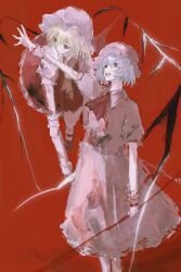 2girls arm_up ascot bad_id bad_pixiv_id blonde_hair blood blood_on_clothes closed_mouth crystal_wings expressionless flandre_scarlet frilled_cuffs frilled_hairband frills hair_between_eyes hairband hat highres holding holding_weapon kachimashita mob_cap multiple_girls necktie pink_shirt pink_skirt puffy_short_sleeves puffy_sleeves purple_hair red_ascot red_background red_eyes red_shirt red_shoes red_skirt remilia_scarlet shirt shoes short_hair short_sleeves simple_background skirt spear_the_gungnir swimsuit touhou weapon white_hat wrist_cuffs yellow_necktie