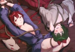 2girls arms_up blood blue_kimono blush bound bound_wrists bow breasts bruise bruise_on_leg cleavage collarbone commentary cuts drooling english_commentary fox_mask green_hair grey_kimono gumi hair_bow hakama hakama_skirt hatsune_miku holding holding_rope holding_scissors injury japanese_clothes kimono kitsune_no_yomeiri_(vocaloid) long_hair long_sleeves lying mask medium_breasts minlover646 multiple_girls oborozuka_akari on_back on_floor oni_to_kitsune_no_hanashi open_mouth parted_lips red_bow red_eyes red_hair red_hakama rope saliva sash scissors scratches shishikusa_mai short_hair skirt twintails twitter_username unworn_mask vocaloid wide_sleeves