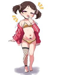 1girl :d absurdres becky_blackbell bikini brown_eyes brown_hair commentary full_body gold_bikini highres jacket loli looking_at_viewer navel open_mouth red_jacket short_hair smile solo spy_x_family stomach swimsuit twintails zhyseven