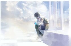 1boy black_hair checkered_floor cloud cofffee final_fantasy final_fantasy_xii frills full_body larsa_ferrinas_solidor male_focus short_hair sitting solo window