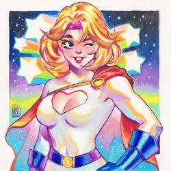 Rule 34 | 1girl, absurdres, artist name, belt, blonde hair, blue belt, blue eyes, blue gloves, bodysuit, border, breasts, cape, cleavage, cleavage cutout, clothing cutout, covered navel, dc comics, gloves, gouache (medium), heart cutout, highres, leotard, looking at viewer, medium breasts, medium hair, one eye closed, outside border, painting (medium), power girl, power girl (1976 costume), red cape, rian gonzales, sleeved leotard, solo, star (symbol), superhero costume, superman (series), traditional media, upper body, watercolor (medium), white bodysuit, white border, white leotard