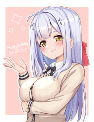 Rule 34 | 1girl, absurdres, ao (flowerclasse), blush, breasts, commentary, cross hair ornament, dated, gabriel dropout, hair ornament, happy birthday, highres, large breasts, long hair, raphiel shiraha ainsworth, school uniform, silver hair, simple background, smile, solo, upper body, yellow eyes