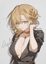 1girl aglaea_(fashion)_(honkai:_star_rail) aglaea_(honkai:_star_rail) black_shirt blonde_hair breasts character_name cleavage collared_shirt ellygretta gold_choker green_eyes grey_background hashtag-only_commentary highres honkai:_star_rail honkai_(series) jewelry large_breasts laurel_crown necklace no_bra official_alternate_costume shirt simple_background smile solo twitter_username upper_body