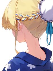 1girl blonde_hair blue_archive blue_hair blue_kimono blue_ribbon bun_cover facing_away from_behind hair_bun highres japanese_clothes kimono lone_nape_hair multicolored_hair nape ribbon rotogaki sidelocks simple_background streaked_hair sweat toki_(blue_archive) upper_body white_background