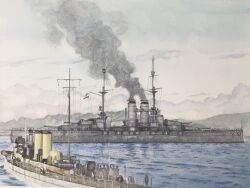 atelier_bono austro-hungarian_navy battleship boat cannon cloud cloudy_sky highres mast military_vehicle ocean original port ship ship_turret sky smoke smokestack szent_istvan_(battleship) tugboat vehicle_focus warship watercraft