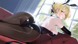 1girl absurdres animal_ears ass back black_gloves black_leotard black_pantyhose blonde_hair blue_eyes blush breasts couch elbow_gloves evelyn_chevalier fake_animal_ears from_behind gloves gou_d hair_extensions hair_intakes hair_up highres indoors large_breasts latex latex_leotard leotard looking_at_viewer looking_back on_couch pantyhose playboy_bunny rabbit_ears ring_hair_extensions strapless strapless_leotard window_shadow zenless_zone_zero