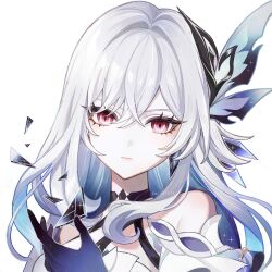 Rule 34 | 1girl, bare shoulders, black choker, blue hair, choker, colored inner hair, genshin impact, hair ornament, highres, long hair, looking at viewer, mi505521, multicolored hair, pink eyes, simple background, skirk (genshin impact), solo, upper body, white background, white hair