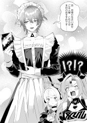 !? 1boy 2boys :t absurdres alternate_costume anby_demara apron awestruck blush braid burger crossdressing crossed_bangs detached_collar dress enmaided fang fingerless_gloves food gloves greyscale hair_between_eyes headphones heart heart_background highres jewelry light_smile long_hair long_sleeves looking_at_another looking_at_object looking_to_the_side maid maid_apron maid_headdress male_maid medium_hair mikiseriavoid mole mole_under_eye monochrome motion_lines multiple_boys nicole_demara open_mouth pendant raised_eyebrows short_hair side_braid single_braid single_hair_intake skin_fang sparkle standing translation_request v-shaped_eyebrows wide-eyed wise_(zenless_zone_zero) zenless_zone_zero