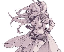 1girl ahoge amy_(another_eden) another_eden bandaged_leg bandages belt breasts cleavage clenched_hands closed_mouth coat collarbone commentary_request double-parted_bangs feet_out_of_frame fighting_stance floating_hair fur-trimmed_coat fur_trim gauntlets hair_between_eyes hair_ribbon hatching_(texture) large_breasts linear_hatching long_hair long_sleeves looking_ahead michibata_65 monochrome navel one_side_up open_clothes open_coat purple_theme ribbon serious short_shorts shorts simple_background solo standing stomach strapless tag tube_top v-shaped_eyebrows very_long_hair white_background