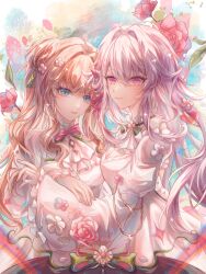 Rule 34 | 2girls, absurdres, aqua eyes, blonde hair, bow, bowtie, chinese commentary, closed mouth, commentary, danli suri, dress, english commentary, flower, green bow, green bowtie, hair intakes, hair ornament, highres, honkai (series), honkai impact 3rd, long hair, long sleeves, looking at viewer, mixed-language commentary, multiple girls, parted lips, pink bow, pink bowtie, pink flower, pink rose, purple eyes, rose, smile, songque, tassel, tassel hair ornament, thelema nutriscu, two side up, white dress, white flower, white hair