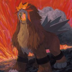animal_focus bright_pupils commentary entei fangs gen_2_pokemon go-lurk lava legendary_pokemon nintendo no_humans open_mouth orange_eyes pokemon pokemon_(creature) solo standing