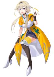 Rule 34 | 1girl, :d, absurdres, belt, black choker, black hairband, blonde hair, blue skirt, blush, boots, bow, brown belt, brown boots, brown gloves, choker, coat, collared shirt, commentary request, finger gun, fingerless gloves, fold-over boots, full body, gloves, green bow, hair between eyes, hair intakes, hair over shoulder, hair tubes, hairband, hand on own knee, hand up, high heel boots, high heels, highres, hiyoku no crosspiece, ieiri popo, ieiri popo (1st costume), knee boots, long hair, looking at viewer, low twintails, miniskirt, multicolored hair, muneate, nanashi inc., navel, open clothes, open coat, open mouth, plaid clothes, plaid skirt, pleated skirt, pointing, purple eyes, sankyo (821-scoville), shirt, short sleeves, simple background, skirt, smile, solo, streaked hair, thighhighs, twintails, two-tone hair, virtual youtuber, white background, white boots, white shirt, wrist straps, yellow coat, yellow thighhighs, zettai ryouiki