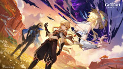 Rule 34 | 1girl, 2boys, aether (genshin impact), arm armor, artist request, bad source, black boots, black gloves, black mask, black pants, blonde hair, blue eyes, boots, braid, braided ponytail, brother and sister, brown pants, brown shirt, cape, cliff, cloud, collared cape, copyright logo, dainsleif (genshin impact), dutch angle, english text, field, floating clothes, floating hair, flower, flower field, genshin impact, gloves, hair between eyes, hair flower, hair ornament, highres, long hair, lumine (genshin impact), male focus, mask over one eye, midriff, multiple boys, official art, outdoors, pants, parted lips, shirt, short hair, short hair with long locks, siblings, single braid, standing, sunrise, textless version, two-sided cape, two-sided fabric, wind, yellow eyes