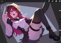 apron blue_eyes flower highres horns hyuu_(lblank27) irys_(hololive) irys_(maid)_(hololive) pink_eyes red_flower red_rose ribbon rose thighhighs thighs white_apron