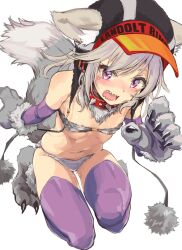 1girl alternate_costume animal_ears animal_hands blonde_hair blush collar commentary_request facial_mark gloves hat highres kemonomimi_mode komori_met looking_at_viewer navel open_mouth orange_hair paw_gloves red_collar sharp_teeth shirana_tamana solo tail teeth thighhighs virtual_youtuber vspo! white_background