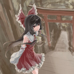1girl absurdres ascot bow brown_hair closed_mouth commentary detached_sleeves frilled_bow frilled_hair_tubes frilled_skirt frills hair_bow hair_tubes hakurei_reimu highres long_hair looking_at_viewer red_bow red_skirt skirt skirt_set smile solo torii touhou very_long_hair yellow_ascot yliraen