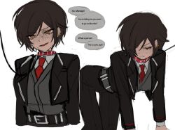 1girl alternate_language arms_at_sides belt bent_over black_belt black_jacket black_pants blush breasts brown_hair clenched_teeth closed_eyes collar collared_shirt commentary cropped_jacket cropped_torso dress_shirt ear_piercing embarrassed english_commentary english_text eyelashes facing_to_the_side full-face_blush grey_vest hair_over_one_eye jacket leash limbus_company long_sleeves looking_at_viewer motion_lines multiple_views necktie one_eye_covered open_clothes open_jacket open_mouth outis_(project_moon) pants parted_bangs piercing project_moon red_collar red_necktie shirt short_hair simple_background small_breasts speech_bubble sweat talking teeth trembling vest waistcoat white_background white_shirt yellow_eyes yippee