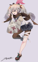 1girl ;d absurdres akinoji_(akiponpon27) animal_ears blue_archive blue_bow blue_sailor_collar blue_skirt bow brown_pantyhose brown_scarf brown_shoes commentary_request fang full_body grey_background grey_hair hair_between_eyes hair_ornament halo highres leg_up long_hair michiru_(blue_archive) one_eye_closed open_mouth pantyhose pleated_skirt raccoon_ears red_halo sailor_collar scarf shirt shoes signature single_leg_pantyhose single_wide_sleeve skirt smile solo twintails v-shaped_eyebrows white_shirt yellow_eyes