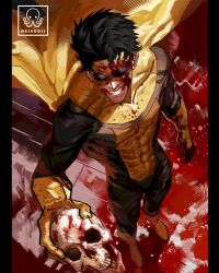 Rule 34 | 1boy, black hair, blood, bodysuit, cape, evil smile, highres, holding, holding skull, invincible (series), maskoo185826, prisoner mark, short hair, sinister mark, skull, smile, spandex