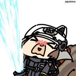 &gt;_&lt; 1girl animal_ears_helmet animal_helmet animated arknights artist_name blush brown_hair fire_helmet firefighter firefighter_jacket hose jacket looping_animation lowres open_mouth seseren shaw_(arknights) short_hair simple_background solo squirrel_girl squirrel_tail tail ugoira upper_body water white_background
