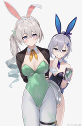 2girls absurdres alternate_costume animal_ear_hairband animal_ears arms_behind_back auui bare_shoulders black_jacket blue_eyes blush breasts cellphone closed_mouth collar commentary_request cowboy_shot detached_collar fake_animal_ears firefly_(honkai:_star_rail) green_leotard green_pupils grey_eyes grey_hair hair_between_eyes hairband hand_up highres holding holding_phone honkai:_star_rail honkai_(series) jacket large_breasts leotard looking_at_viewer medium_breasts multicolored_eyes multiple_girls neckerchief pantyhose phone playboy_bunny purple_leotard purple_neckerchief rabbit_ear_hairband rabbit_ears silver_wolf_(honkai:_star_rail) smartphone smile two-tone_eyes white_background white_collar white_pantyhose white_wrist_cuffs wrist_cuffs yellow_neckerchief
