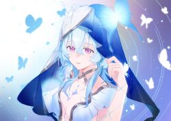 1girl aika_heart_(pzrt3282) blue_butterfly blue_hair blue_nails blue_veil breasts bug butterfly commentary fingernails hair_between_eyes insect long_hair medium_breasts nail_polish parted_lips purple_eyes shorekeeper_(wuthering_waves) solo two-tone_veil upper_body veil white_veil wuthering_waves