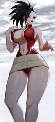 Rule 34 | 1girl, belt, belt skirt, black eyes, black hair, boku no hero academia, breasts, commentary request, gluteal fold, hair pulled back, highres, large breasts, leotard, leotard pull, navel, open clothes, open leotard, open mouth, outdoors, overcast, red leotard, senju (snz0), sky, solo, teeth, wet, yaoyorozu momo