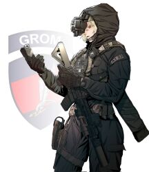 Rule 34 | 1girl, assault rifle, black gloves, black jacket, blonde hair, bulletproof vest, commentary, commission, corrupted twitter file, english commentary, glock, gloves, gun, h&amp;k hk416, handgun, highres, holding, holding gun, holding magazine (weapon), holding weapon, holster, hood, hooded jacket, jacket, leg holster, magazine (weapon), maxturbo69, mechanix wear, microphone, night vision device, open mouth, orange eyes, original, rifle, short hair, simple background, solo, tactical clothes, watch, weapon, white background, wristwatch