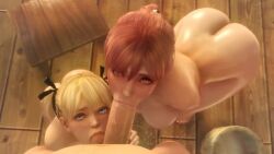 1boy 2girls 3d animated ass blonde_hair blue_eyes blush curvy dead_or_alive fellatio hair_ornament hair_ribbon hairclip honoka_(doa) looking_at_viewer looking_up looping_animation marie_rose moaning multiple_girls nipples noname55 oral penis pink_eyes pink_hair pov ribbon shiny_skin sound tagme testicle_sucking testicles twintails video