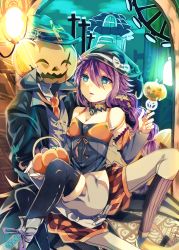 Rule 34 | 1girl, animal ears, artist request, bag, blue eyes, candy, cross, dress, food, halloween, hat, highres, necktie, pumpkin, pumpkin head, purple hair, wand, witch hat