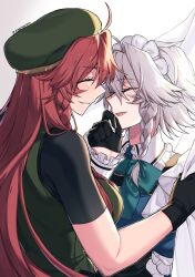 2girls absurdres apron ascot blush bow braid breasts couple frilled_ascot frilled_hair_tubes frills gloves green_bow grey_hair hair_bow hair_tubes hat hat_ornament highres himadera hong_meiling izayoi_sakuya long_hair maid maid_apron maid_headdress multiple_girls puffy_sleeves short_hair simple_background smile star_(symbol) star_hat_ornament touhou twin_braids twitter_username white_background yuri