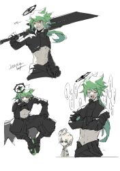 2boys abs aotu_world artist_name belt black_belt black_boots black_gloves black_jacket black_pants black_shirt boots chibi chibi_inset chinese_commentary chinese_text closed_eyes crop_top cropped_jacket crossed_arms dated gloves greatsword green_eyes green_hair hair_between_eyes halo hand_on_own_chin high_collar highres holding holding_sword holding_weapon jacket lingr1018 long_hair low_ponytail male_focus midriff multicolored_eyes multiple_boys multiple_views navel open_mouth over_shoulder pants parted_lips pointy_ears ponytail red_eyes shirt short_hair signature simple_background sitting sketch smile solo_focus speech_bubble standing sword sword_over_shoulder teeth toned toned_male turtleneck waist_cape weapon weapon_over_shoulder white_background white_hair white_shirt xander_(aotu_world) yellow_eyes zain_(aotu_world)