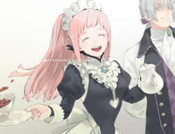 1boy 1girl 91007 :d arched_bangs arms_behind_back artist_name ascot biting_own_lip black_jacket blue_brooch breasts brooch butler center_frills closed_eyes closed_mouth clothing_cutout collared_jacket commentary_request cup dojikko dropping felicia_(fire_emblem) fire_emblem fire_emblem_fates frills gradient_background green_brooch grey_background grey_hair happy heart_cutout high_collar highres holding holding_saucer holding_teapot jacket jakob_(fire_emblem) jewelry juliet_sleeves long_hair long_sleeves looking_at_another maid maid_headdress medium_breasts nintendo nohrian_maid_uniform open_mouth pink_hair ponytail puffy_sleeves saucer sidelocks signature sleeveless sleeveless_jacket smile solo_focus teacup teapot teeth twitter_username upper_body upper_teeth_only watermark white_ascot wide-eyed wide_ponytail