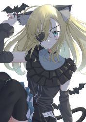 1girl ahoge animal_ear_fluff animal_ears arm_support bat_background black_thighhighs blonde_hair cat_ears cat_tail detached_sleeves dutch_angle eyepatch green_eyes hair_between_eyes halloween highres long_hair looking_at_viewer othinus paradox_(hatto_air) solo tail thighhighs toaru_majutsu_no_index toaru_majutsu_no_index:_new_testament white_background