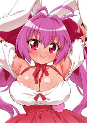 1girl animal_ears antenna_hair armpits arms_up blush breasts choker cleavage commentary_request di_gi_charat dress large_breasts looking_at_viewer purple_hair rabbit_ears red_eyes ribbon_choker senzoc simple_background smile solo twintails upper_body usada_hikaru white_background