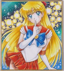 1girl aino_minako bishoujo_senshi_sailor_moon blonde_hair blue_eyes breasts chikoto earrings gloves highres jewelry long_hair miniskirt sailor_venus short_sleeves skirt very_long_hair