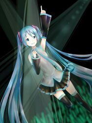 1girl amd_aoneko arm_up bare_shoulders black_skirt black_sleeves black_thighhighs blue_eyes blue_hair blue_necktie commentary_request detached_sleeves dutch_angle grey_shirt hair_between_eyes hatsune_miku headphones headset highres holding holding_microphone index_finger_raised long_hair looking_at_viewer microphone miniskirt necktie parted_lips shirt skirt sleeveless sleeveless_shirt solo stage_lights thighhighs twintails very_long_hair vocaloid