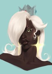 1girl absurdres alternate_skin_color black_sclera blonde_hair colored_sclera crown dark-skinned_female dark_skin earrings eyeliner hair_over_one_eye highres jewelry lips makeup mario_(series) nintendo portrait rosalina solo star_(symbol) star_earrings venusianpeach very_dark_skin