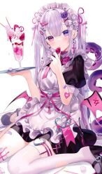 1girl apron bandaid bandaid_on_arm bandaid_on_leg bat_wings black_dress black_shoes blush breasts dress ear_piercing food fruit grey_hair hair_between_eyes hand_up heart heart-shaped_pupils heart_o-ring heterochromia holding holding_food holding_fruit long_hair looking_at_viewer low_wings maid maid_headdress medium_breasts o-ring original piercing pink_eyes puffy_short_sleeves puffy_sleeves purple_eyes sakurato_remi shoes short_sleeves simple_background single_thighhigh solo strawberry symbol-shaped_pupils tentacles thighhighs torn_clothes torn_thighhighs very_long_hair white_background white_thighhighs wings