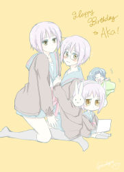 Rule 34 | +++, 00s, 10s, 4girls, achakura, asakura ryoko, balloon, bunny headphones, computer, english text, glasses, happy birthday (artist), headphones, kimidori-san, kneehighs, laptop, multiple girls, multiple persona, nagato yuki, purple hair, school uniform, serafuku, simple background, socks, suzumiya haruhi-chan no yuuutsu, suzumiya haruhi no shoushitsu, suzumiya haruhi no yuuutsu, wavy mouth, yellow eyes, yin xing zi