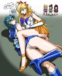Rule 34 | 1990s (style), 5girls, aino minako, angry, ass, bishoujo senshi sailor moon, blonde hair, blue footwear, blue hair, blue sailor collar, blue skirt, boots, bow, catfight, chibi, choker, elbow gloves, gloves, green skirt, half updo, high heels, hino rei, inner senshi, kino makoto, knee boots, legs, leotard, long hair, lying, magical girl, mizuno ami, multiple girls, o o, orange skirt, panties, pink bow, red bow, red skirt, sailor collar, sailor jupiter, sailor mars, sailor mercury, sailor moon, sailor senshi, sailor venus, shoes, short hair, skirt, surprised, sweatdrop, tiara, tomizofu, trembling, tsukino usagi, underwear, white gloves, white panties, wrestling