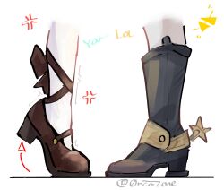0rcazone 2girls anger_vein black_footwear boots dokibird_(vtuber) dokibird_(vtuber)_(bounty_hunter) highres implied_kiss indie_virtual_youtuber mary_janes mint_fantome multiple_girls shoes spurs tiptoes trembling twitter_username virtual_youtuber yuri